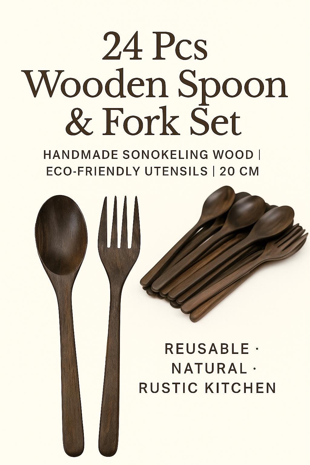 Handmade Wooden Spoon and Fork Set – Rustic Sonokeling Wood Cutlery, Eco-Friendly Utensils Bundle