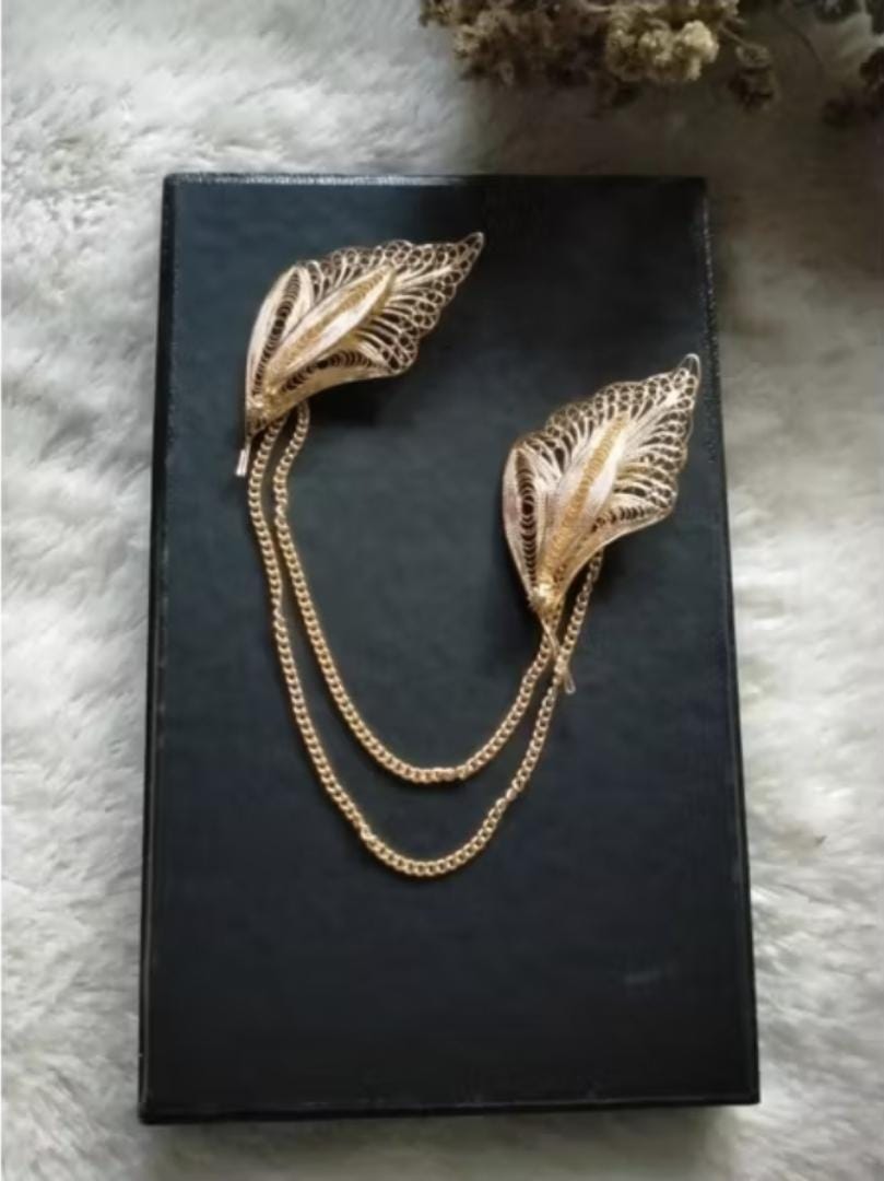 Filigree Double Chain Brooch Set Gold Plated Handmade Floral Pins Kebaya Hijab Scarf Cardigan