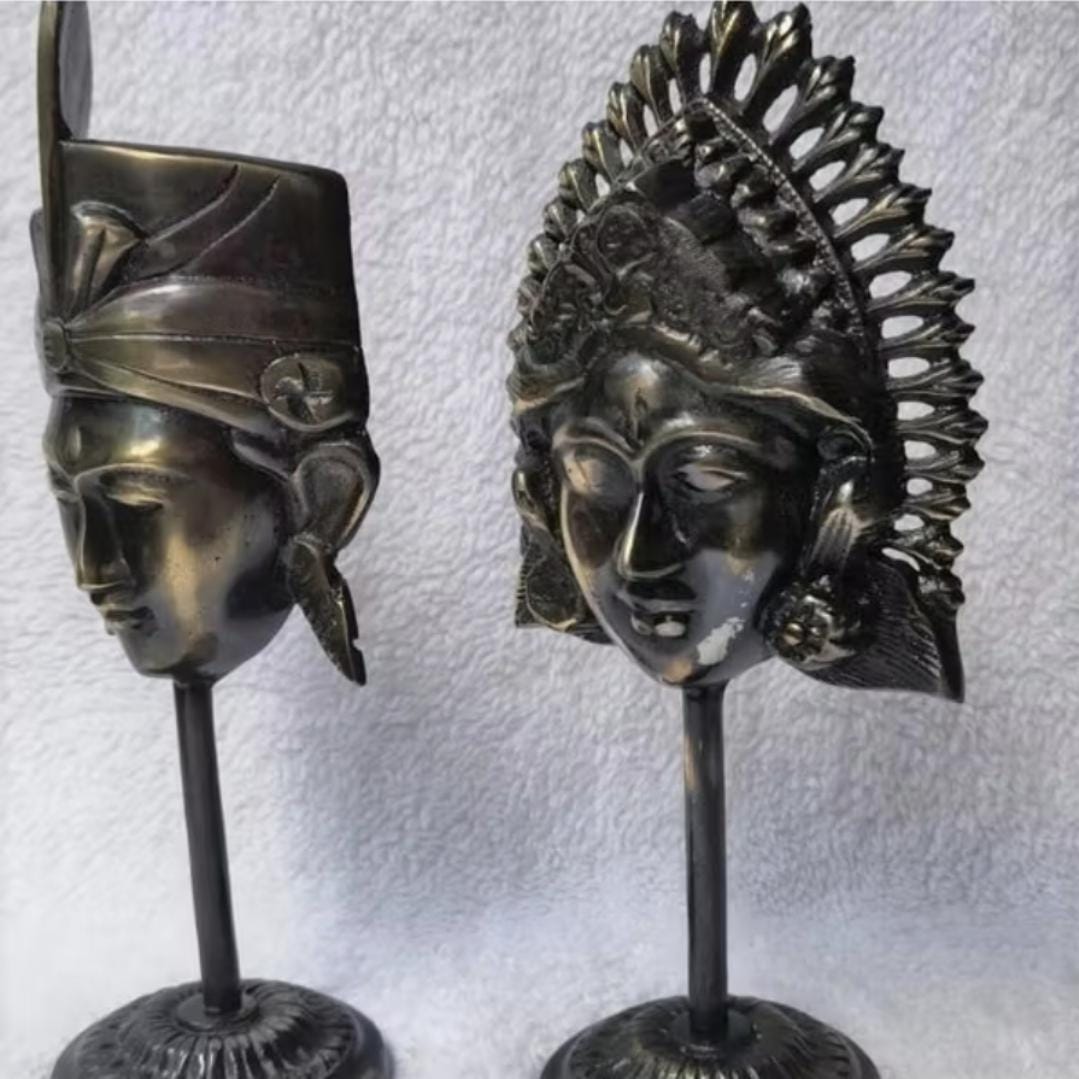 Balinese King Queen Mask Pair, Vintage Black Aluminum Sculpture, Ethnic Home Decor Statue Gift