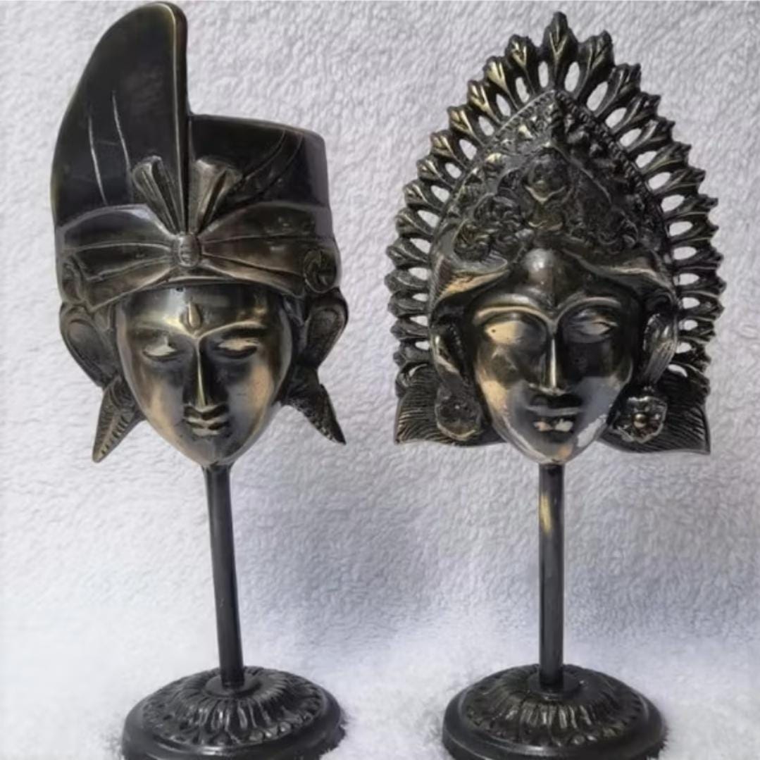 Balinese King Queen Mask Pair, Vintage Black Aluminum Sculpture, Ethnic Home Decor Statue Gift