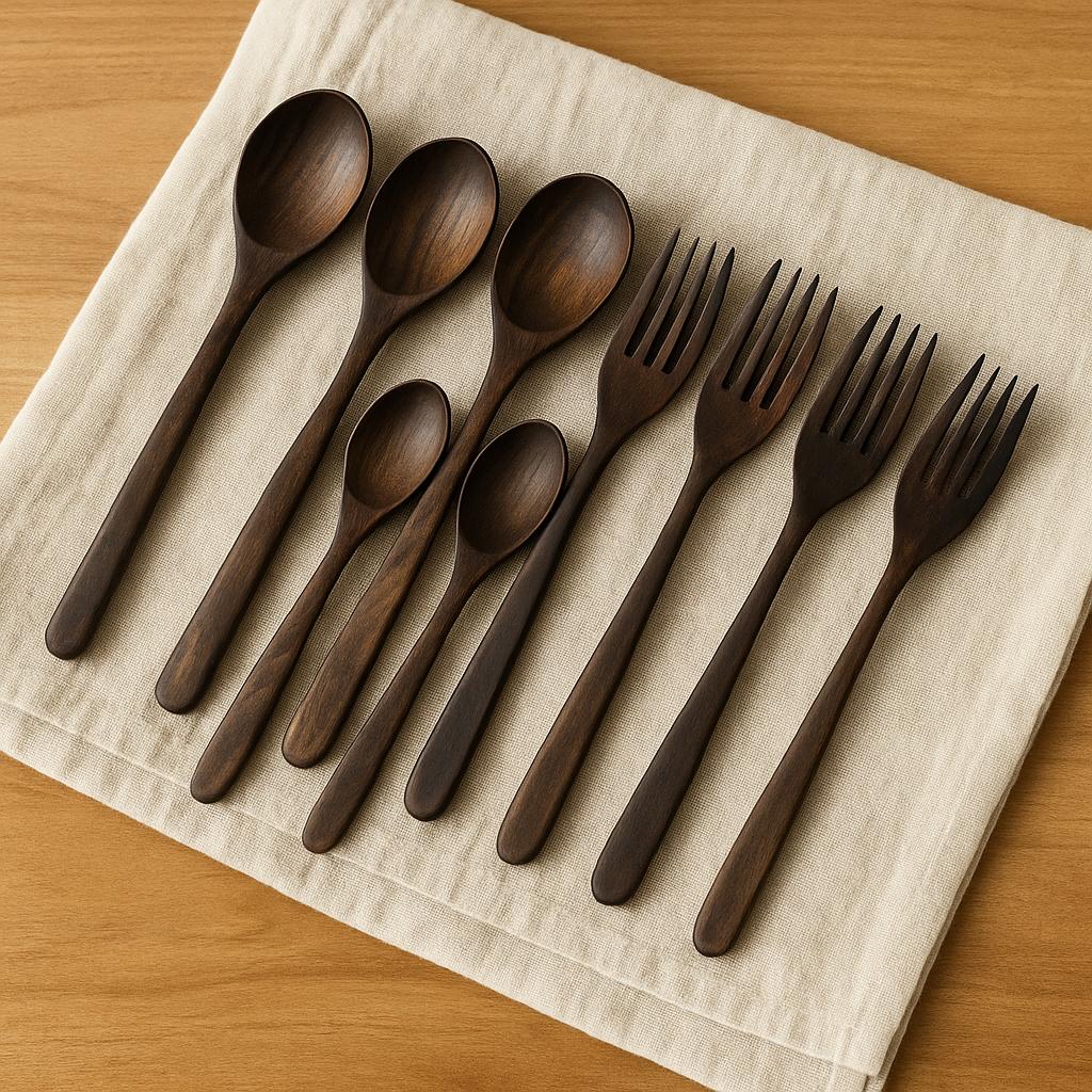 Handmade Wooden Spoon and Fork Set – Rustic Sonokeling Wood Cutlery, Eco-Friendly Utensils Bundle