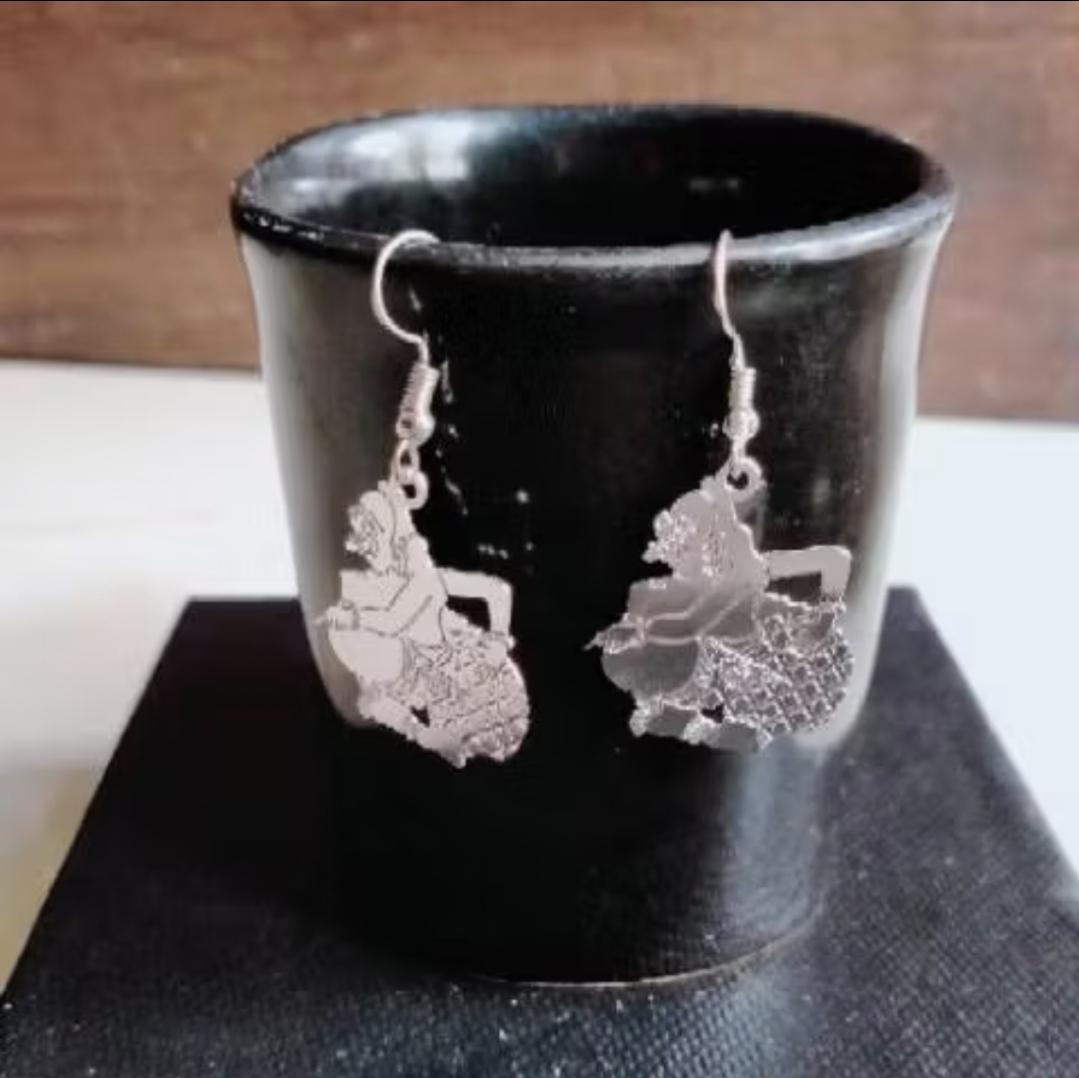 Handmade Wayang Shadow Earrings, Silver Plated Ethnic Jewelry, Bohemian Statement Dangle Earrings for Women