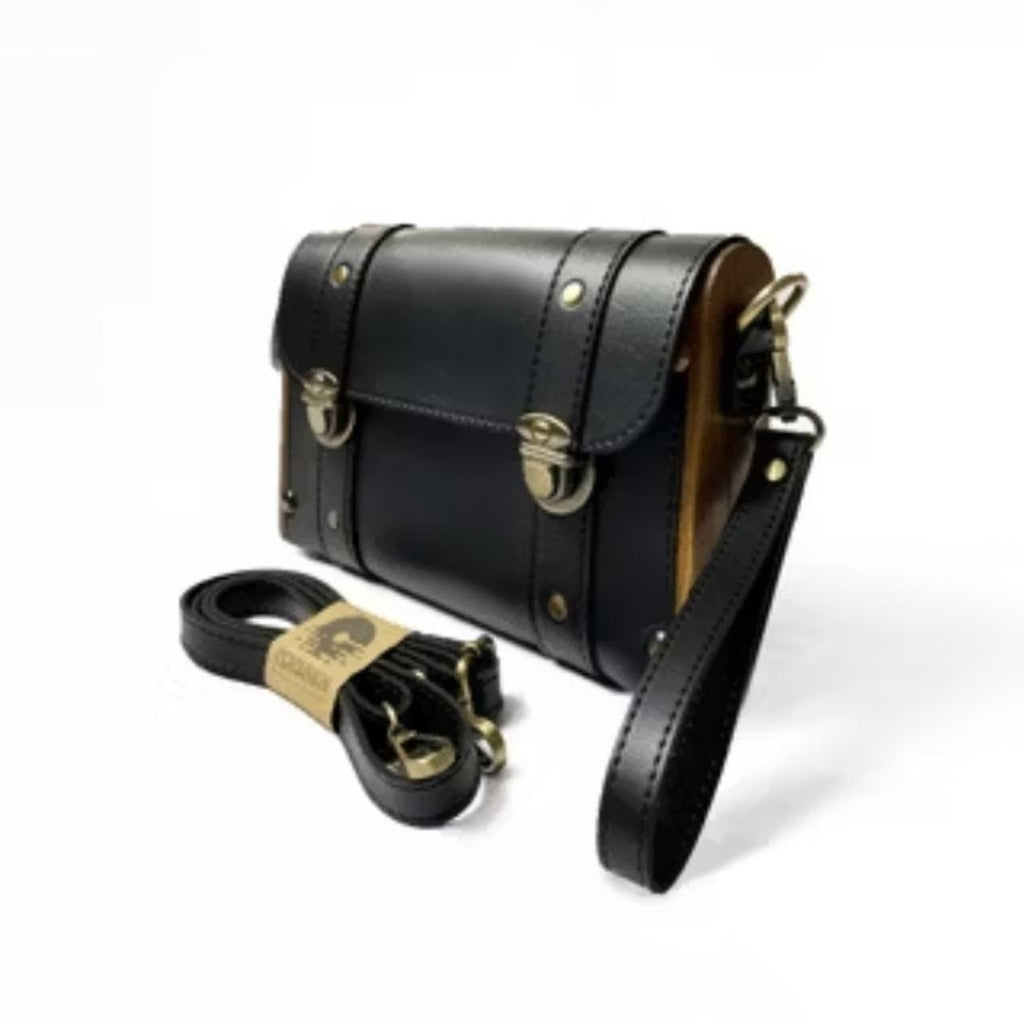 Teak Wood & Leather Crossbody Bag – Handmade Wooden Handbag Satchel (22×15×5 cm)