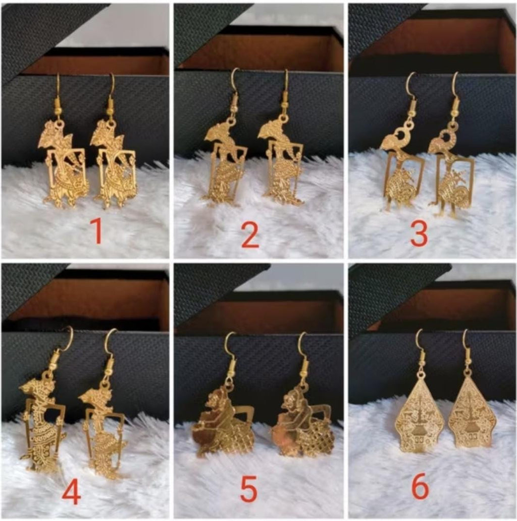 Wayang Earrings 18K Gold Plated Brass | Indonesian Boho Ethnic Dangle Festival Jewelry Gift Statement