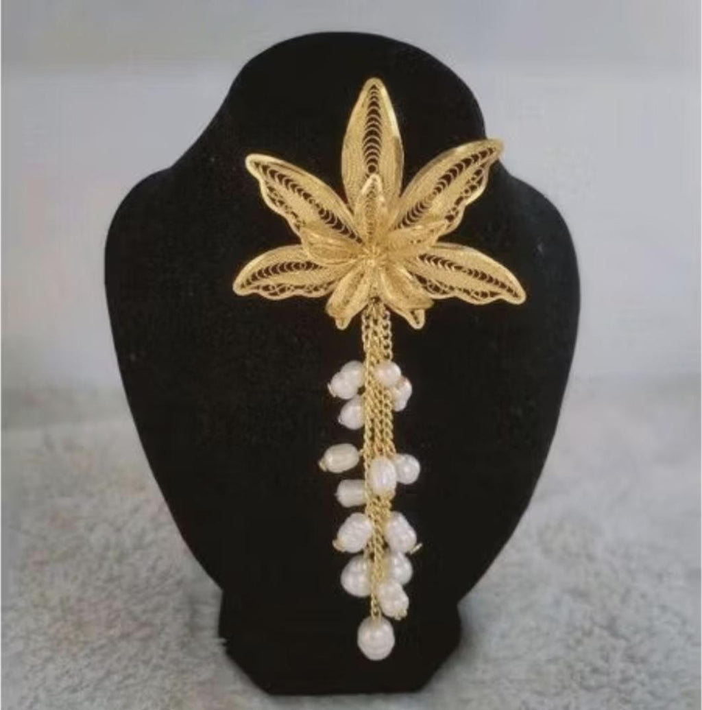 Gold Plated Filigree Brooch Pearl Tassel – Handmade Indonesian Jewelry Pin, Vintage Wedding & Cultural Gift