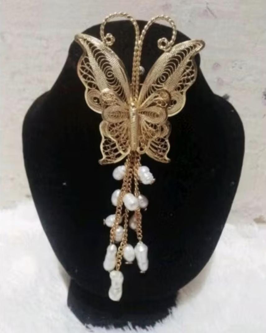 Gold Plated Filigree Brooch Pearl Tassel – Handmade Indonesian Jewelry Pin, Vintage Wedding & Cultural Gift