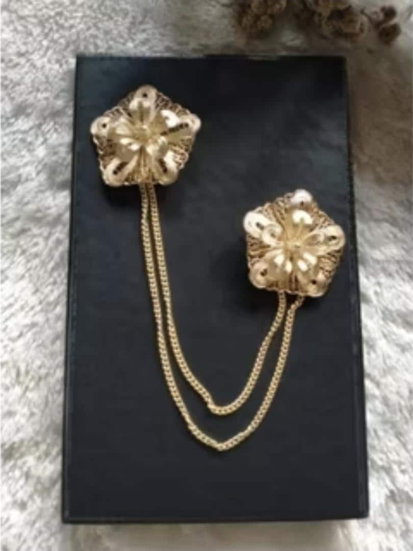 Filigree Double Chain Brooch Set Gold Plated Handmade Floral Pins Kebaya Hijab Scarf Cardigan