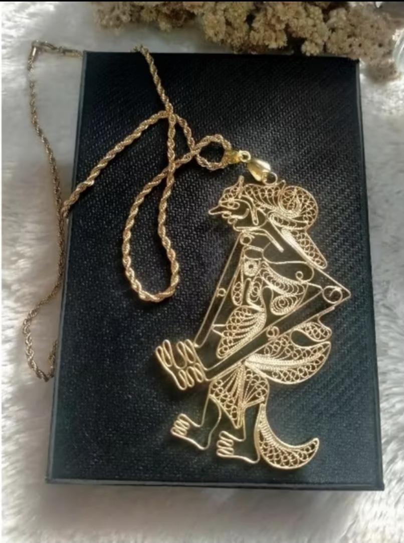 Wayang Pendant Necklace – 10cm Gold Plated Filigree Jewelry, Handmade Indonesian Statement Accessory