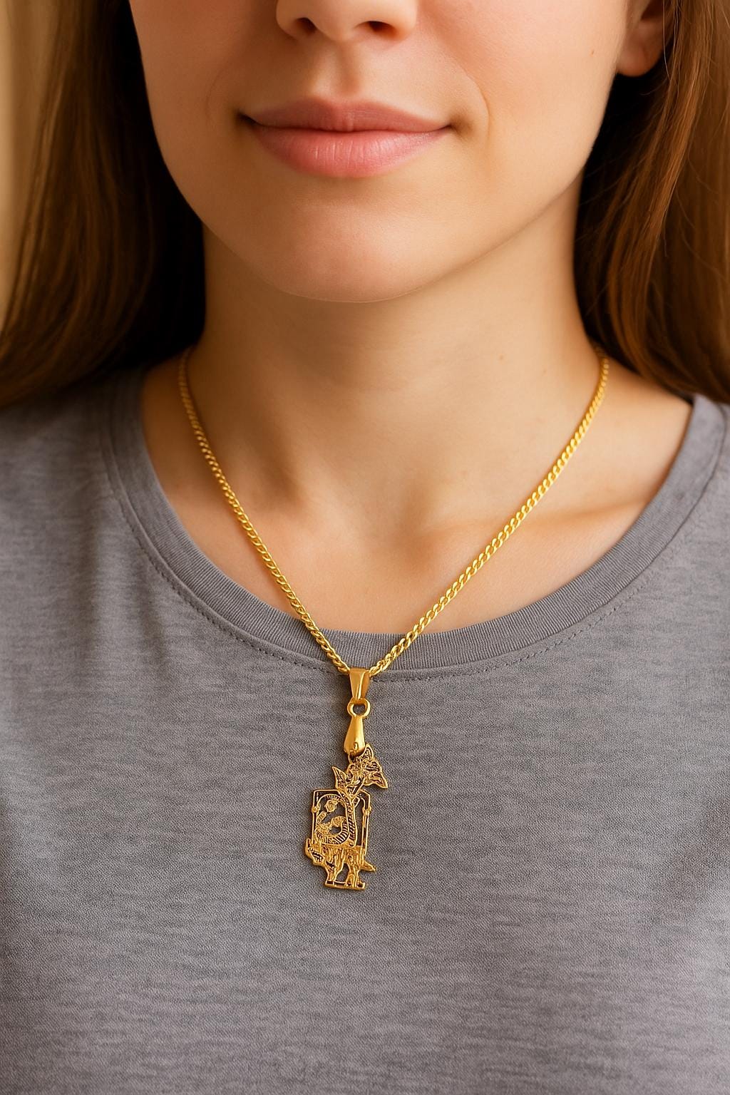 Handmade Ethnic Wayang Pendant Necklace, 18K Plated Cultural Jewelry, Boho Statement Necklace for Gift