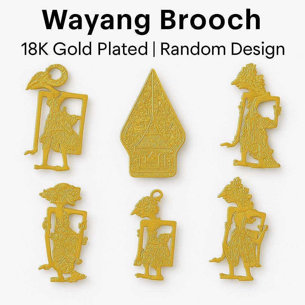 Handmade Ethnic Wayang Brooch, 18K Gold Plated Cultural Jewelry, Unique Boho Pin for Women