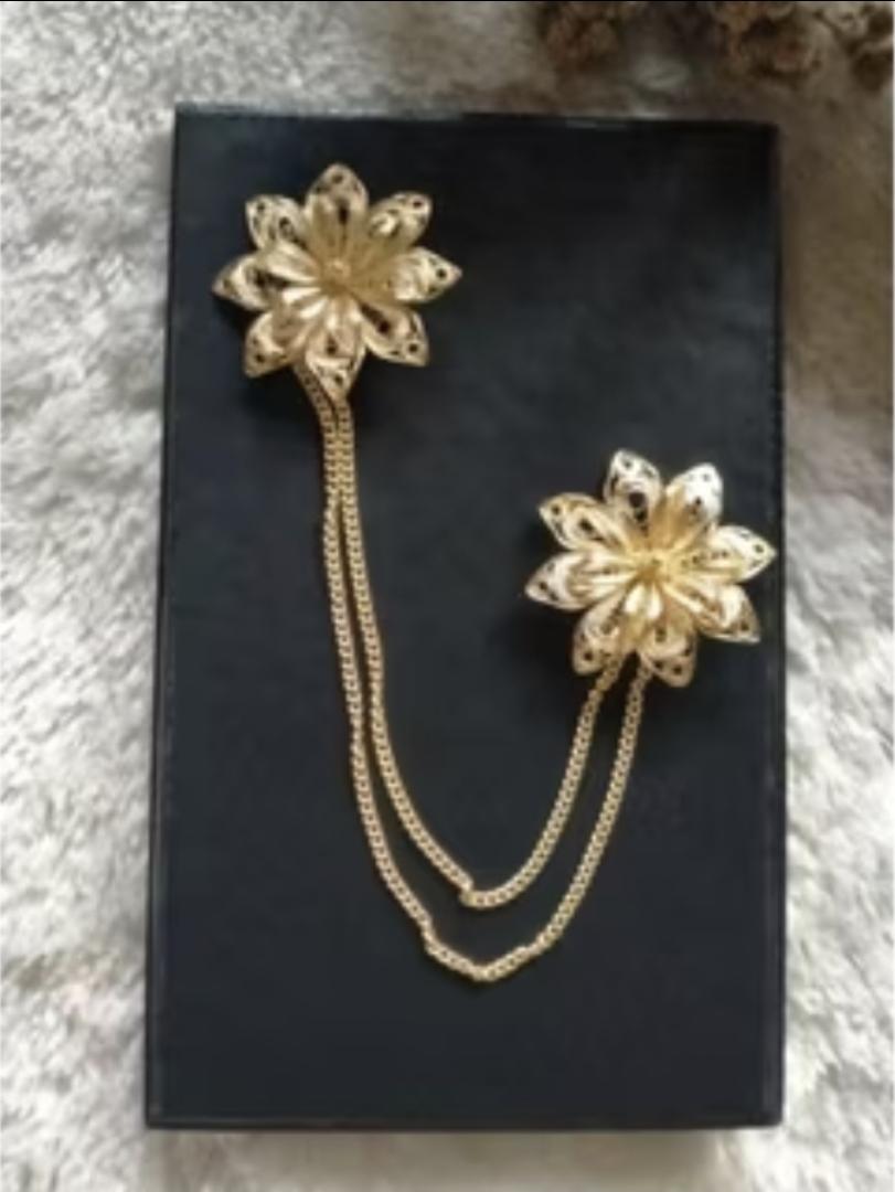 Filigree Double Chain Brooch Set Gold Plated Handmade Floral Pins Kebaya Hijab Scarf Cardigan