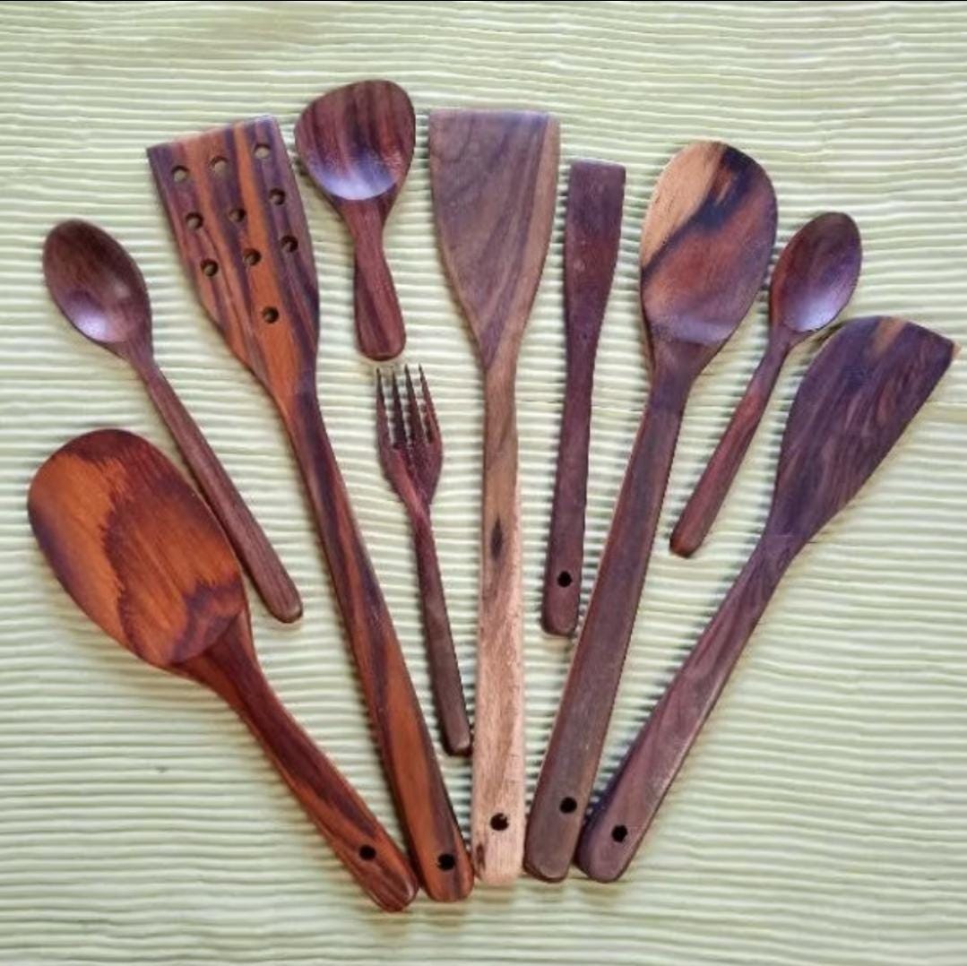 Handmade Rosewood Cooking Utensil Set 10 pcs | Rustic Wooden Kitchen Tools