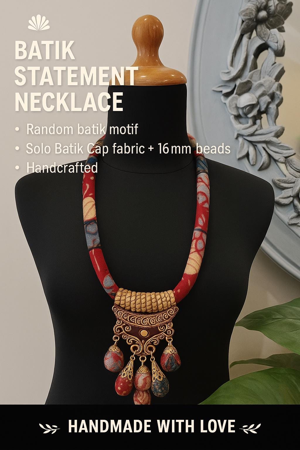 Indonesian Batik Women Necklace | Handmade Ethnic Jewelry | Artisan Boho Wooden Beads Statement Festivals Gifts