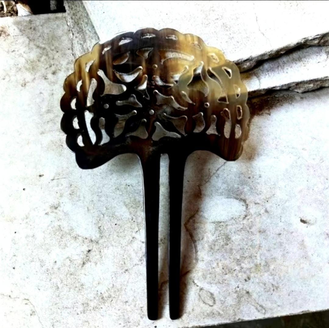 Buffalo Horn Hair Fork | Handmade Indonesian Hair Stick, Natural Gloss, Fan & Floral Motif