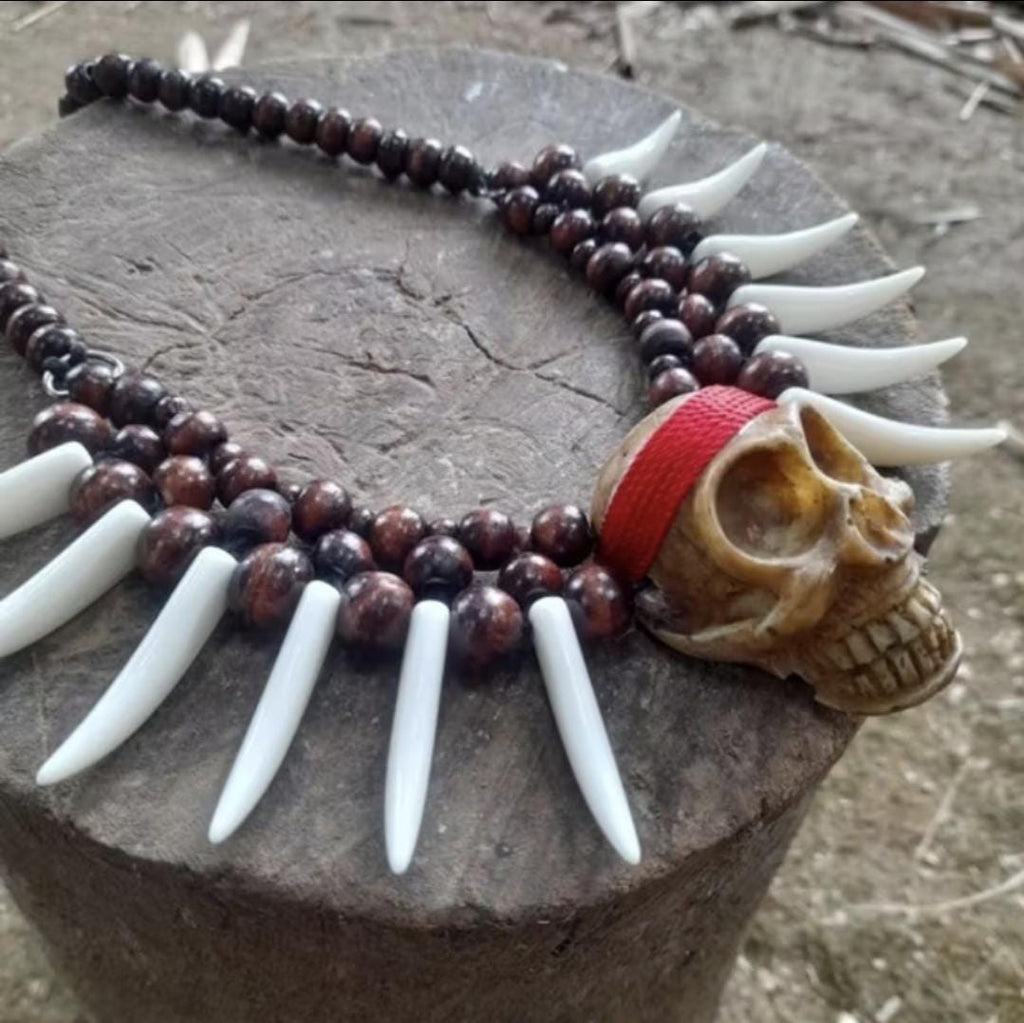 Boho Tribal Skull Claw Necklace | Resin Dayak Tusk Pendant Festival Statement Jewelry