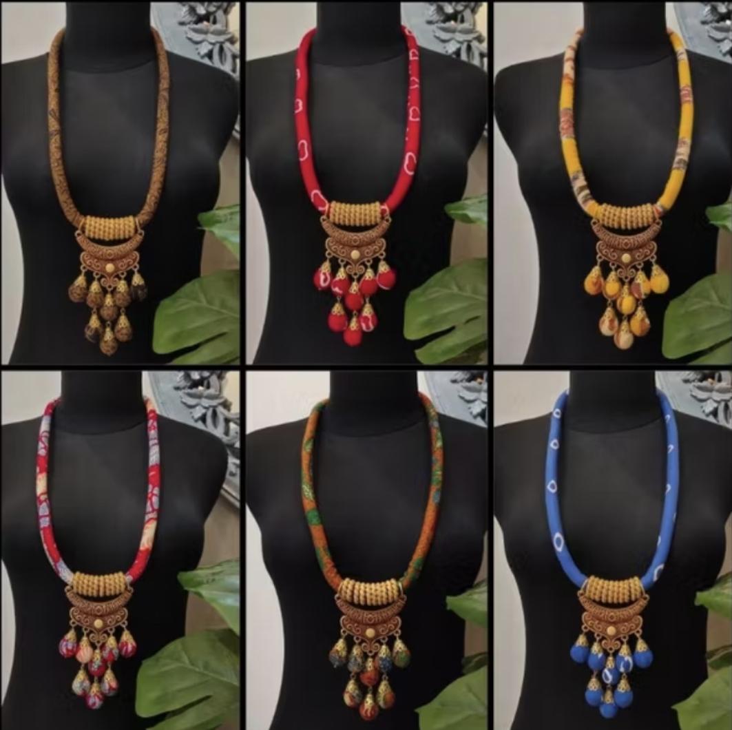 Indonesian Batik Women Necklace | Handmade Ethnic Jewelry | Artisan Boho Wooden Beads Statement Festivals Gifts