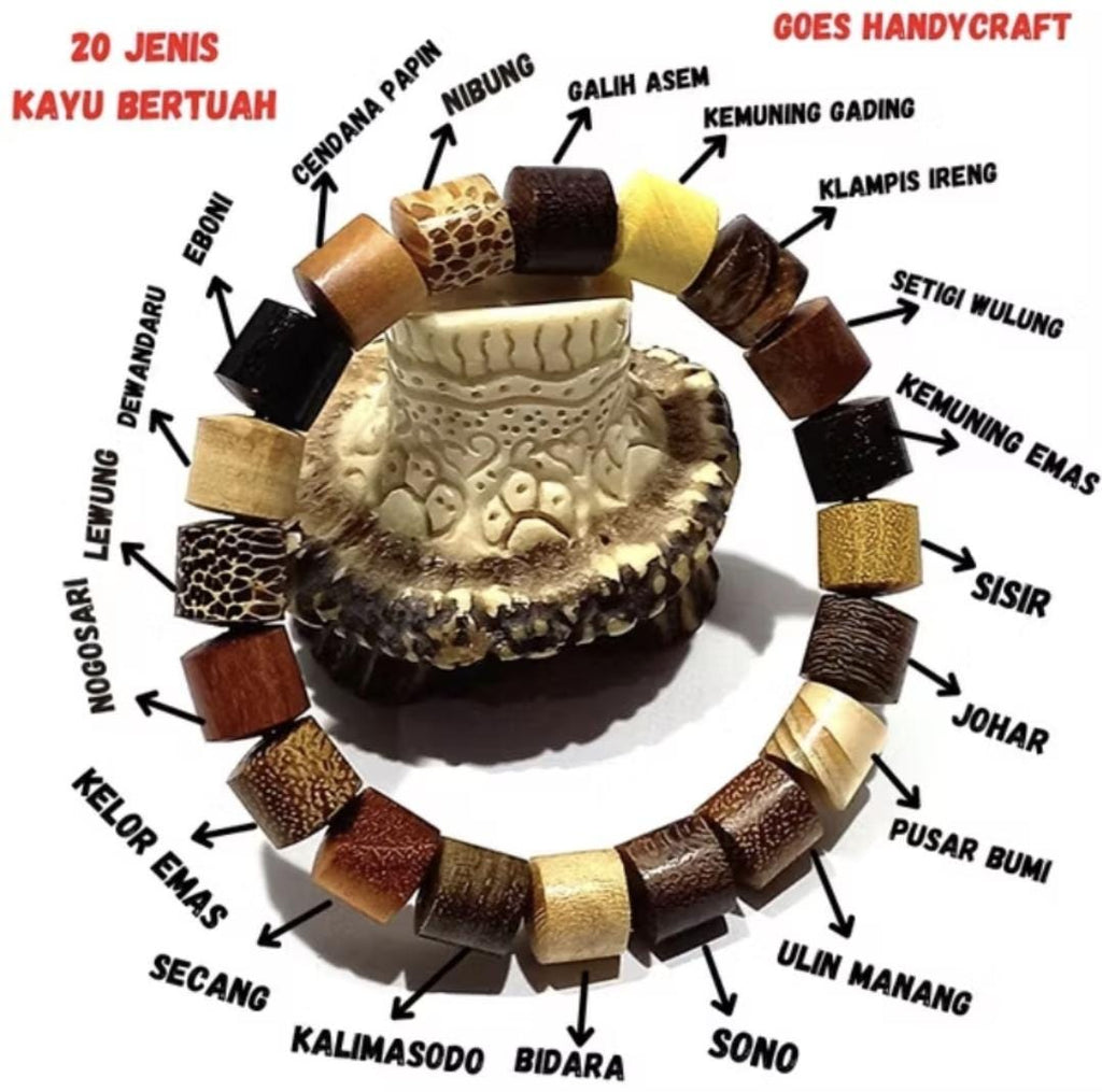 20 Sacred Wood Beads Bracelet – Handmade Indonesian Spiritual Jewelry, Meditation Energy Healing Protection