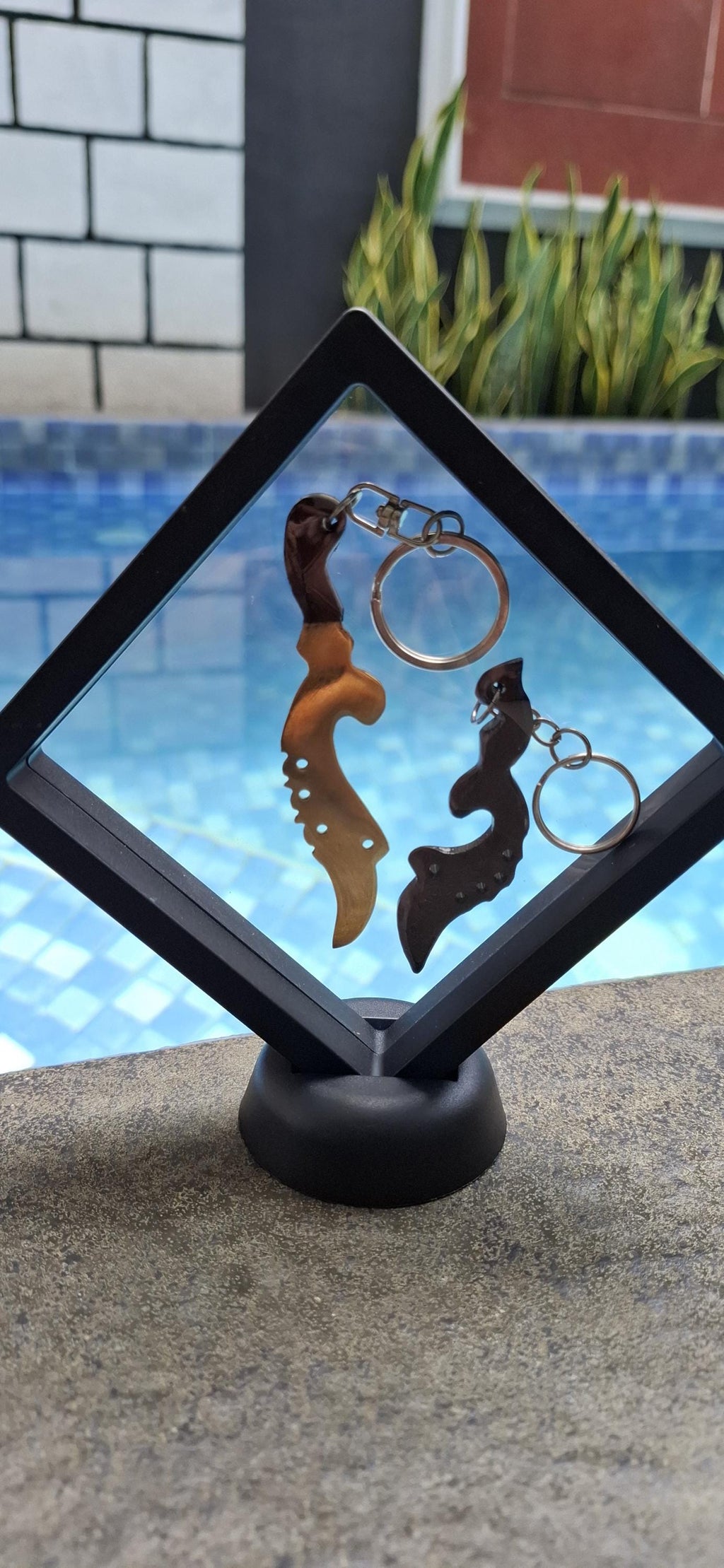 Indonesian Cultural Collectible Set – 4 Mini Keychains (Keris, Angklung, Wayang) + Display Frame, Handmade Decor Gift