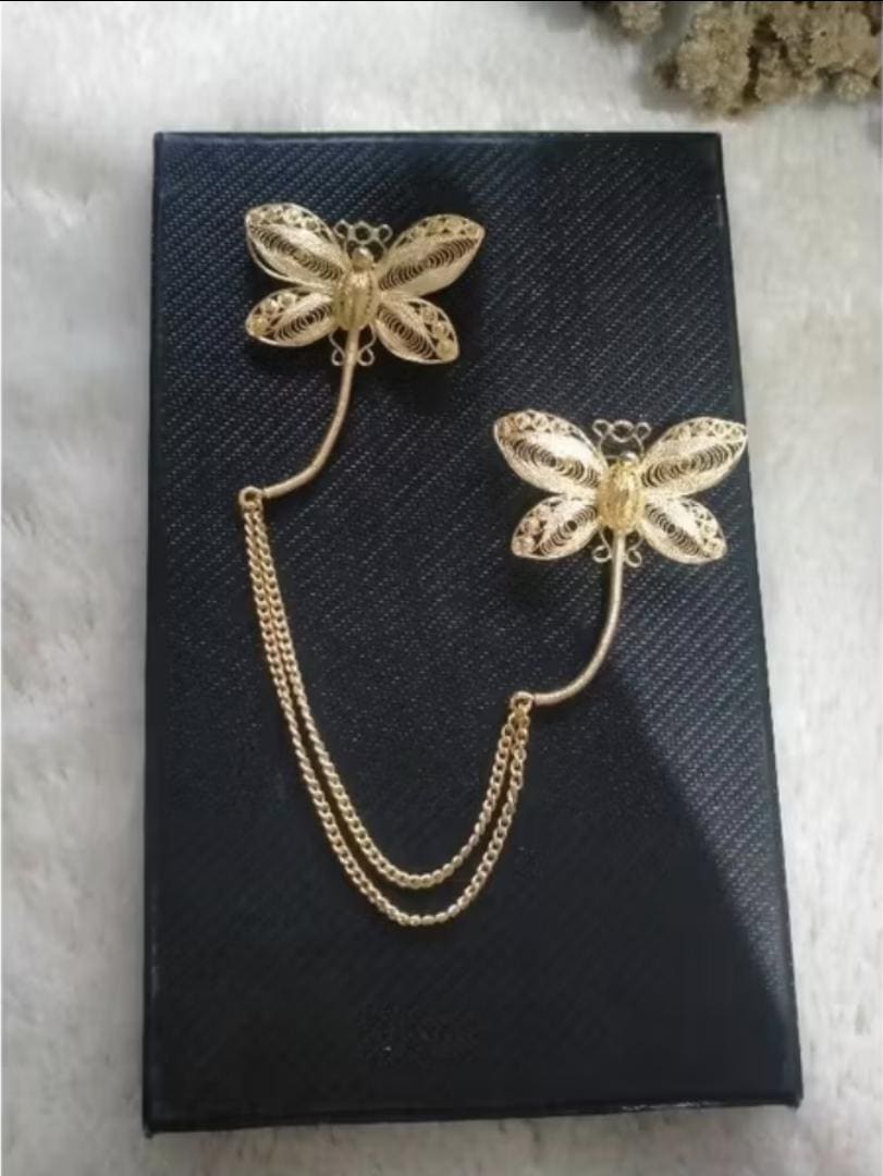 Filigree Double Chain Brooch Set Gold Plated Handmade Floral Pins Kebaya Hijab Scarf Cardigan