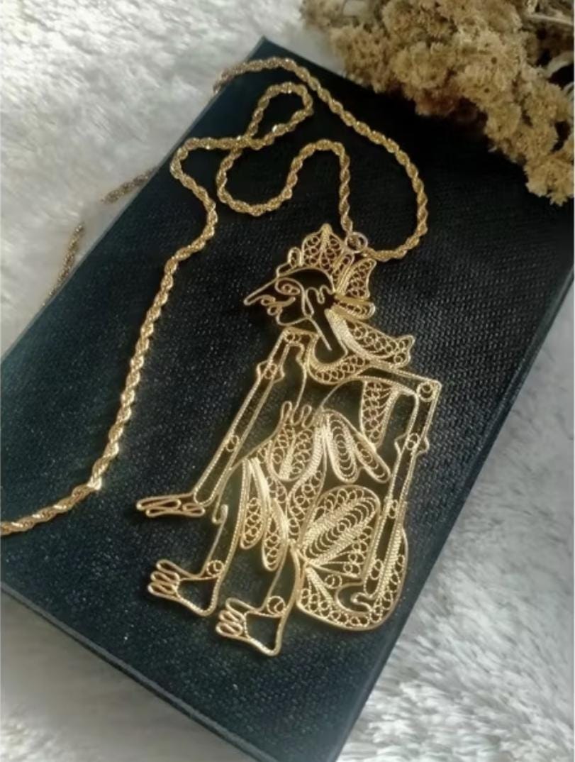 Wayang Pendant Necklace – 10cm Gold Plated Filigree Jewelry, Handmade Indonesian Statement Accessory