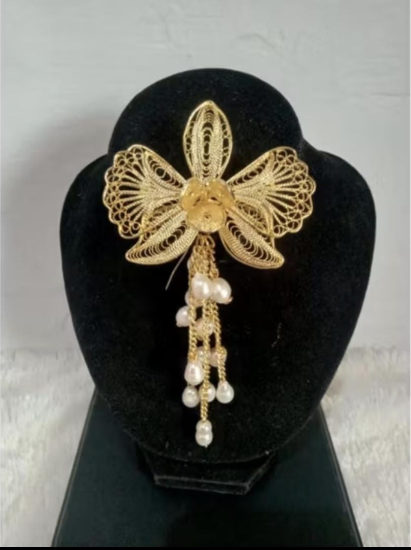 Gold Plated Filigree Brooch Pearl Tassel – Handmade Indonesian Jewelry Pin, Vintage Wedding & Cultural Gift