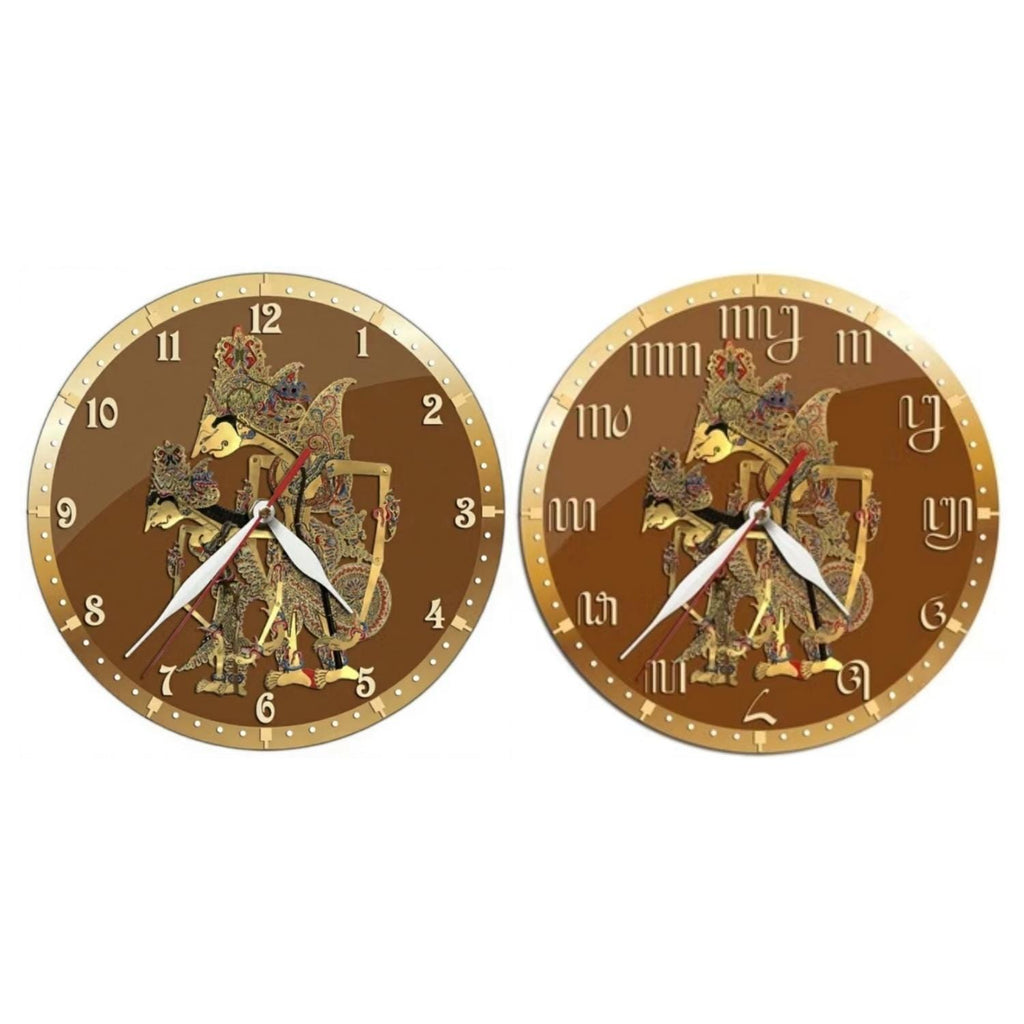 Gold Round Wall Clock 12 inch – Silent Quartz | Indonesian Wayang Art, Living Room Decor