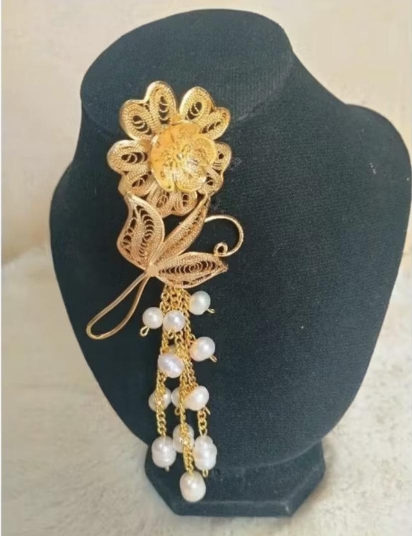 Gold Plated Filigree Brooch Pearl Tassel – Handmade Indonesian Jewelry Pin, Vintage Wedding & Cultural Gift