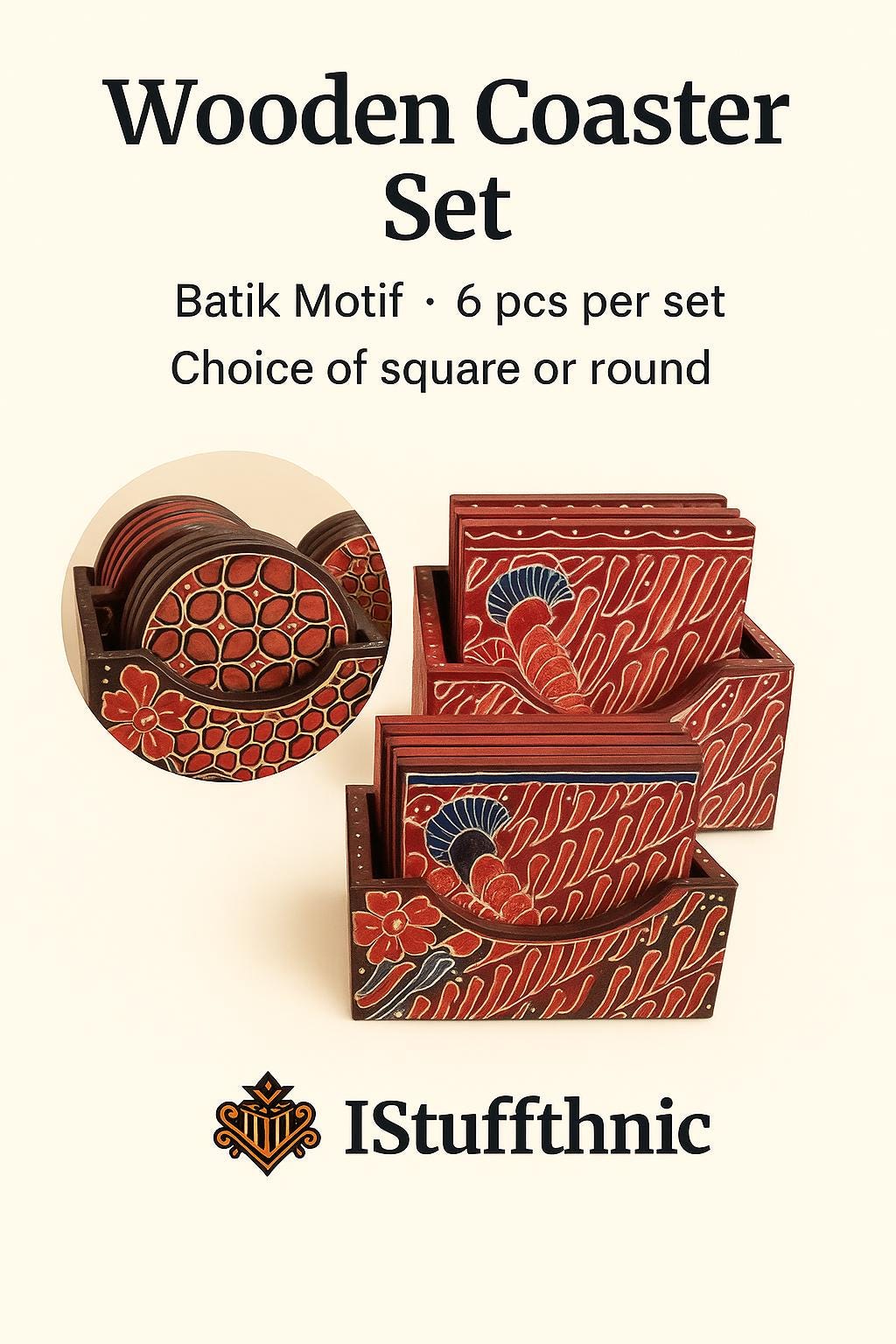 Handmade Batik Wooden Coaster Set of Six, Indonesian Rustic Decor, Ethnic Cultural Tableware Gift