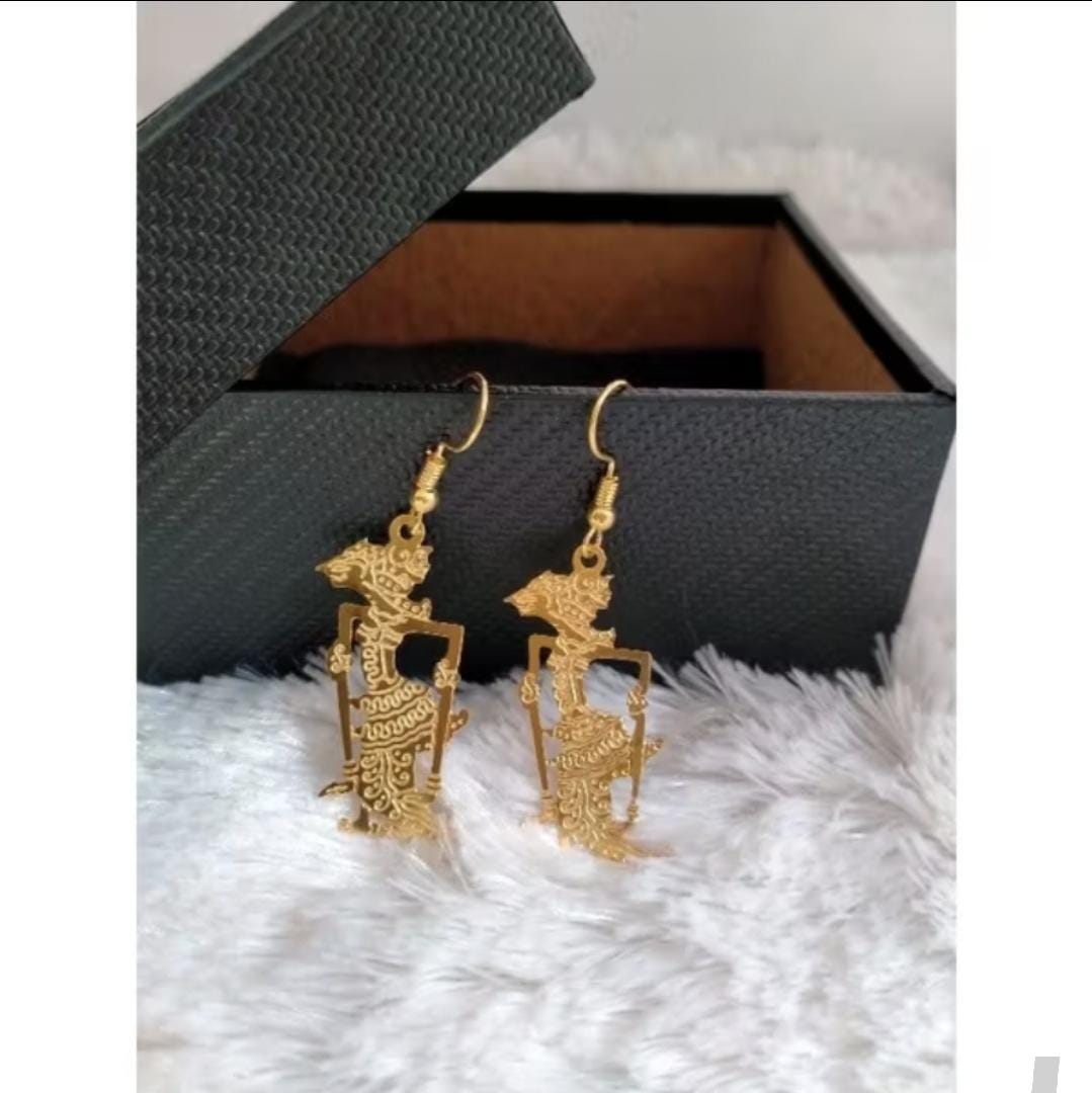 Wayang Earrings 18K Gold Plated Brass | Indonesian Boho Ethnic Dangle Festival Jewelry Gift Statement