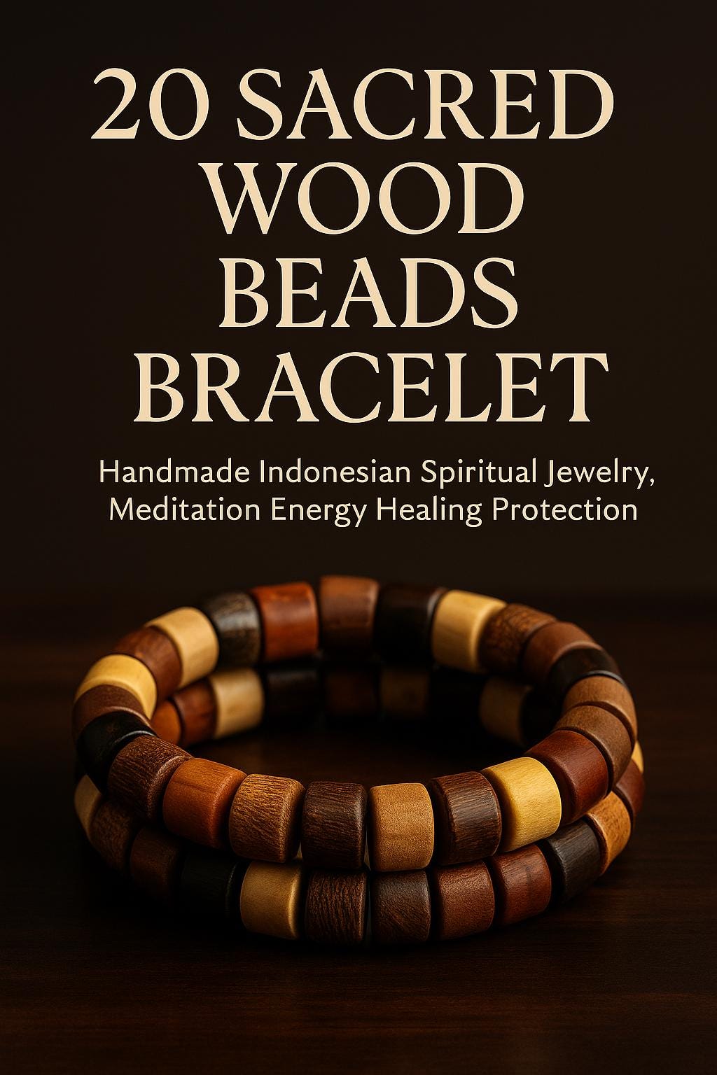 20 Sacred Wood Beads Bracelet – Handmade Indonesian Spiritual Jewelry, Meditation Energy Healing Protection