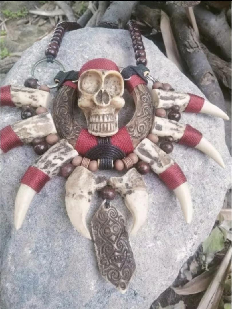 Giant Dayak Tribal Claw Necklace with Skulls | Handmade Boho Gothic Festival Ethnic Statement Jewelry