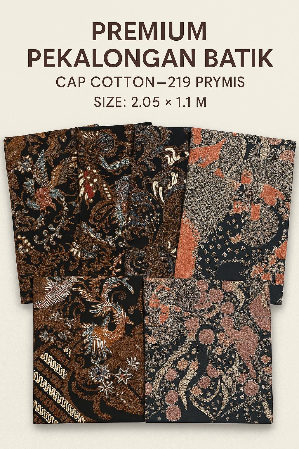 Hand-Stamped Batik Fabric Pekalongan - - Indonesian Cotton Textile Large Size 205x110cm - Unique Limited Motif