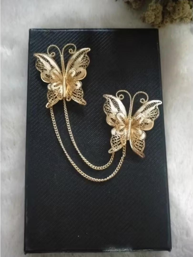 Filigree Double Chain Brooch Set Gold Plated Handmade Floral Pins Kebaya Hijab Scarf Cardigan