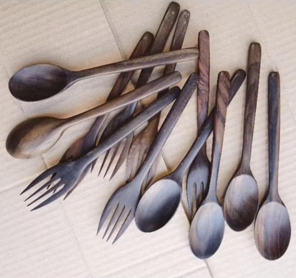 Handmade Wooden Spoon and Fork Set – Rustic Sonokeling Wood Cutlery, Eco-Friendly Utensils Bundle