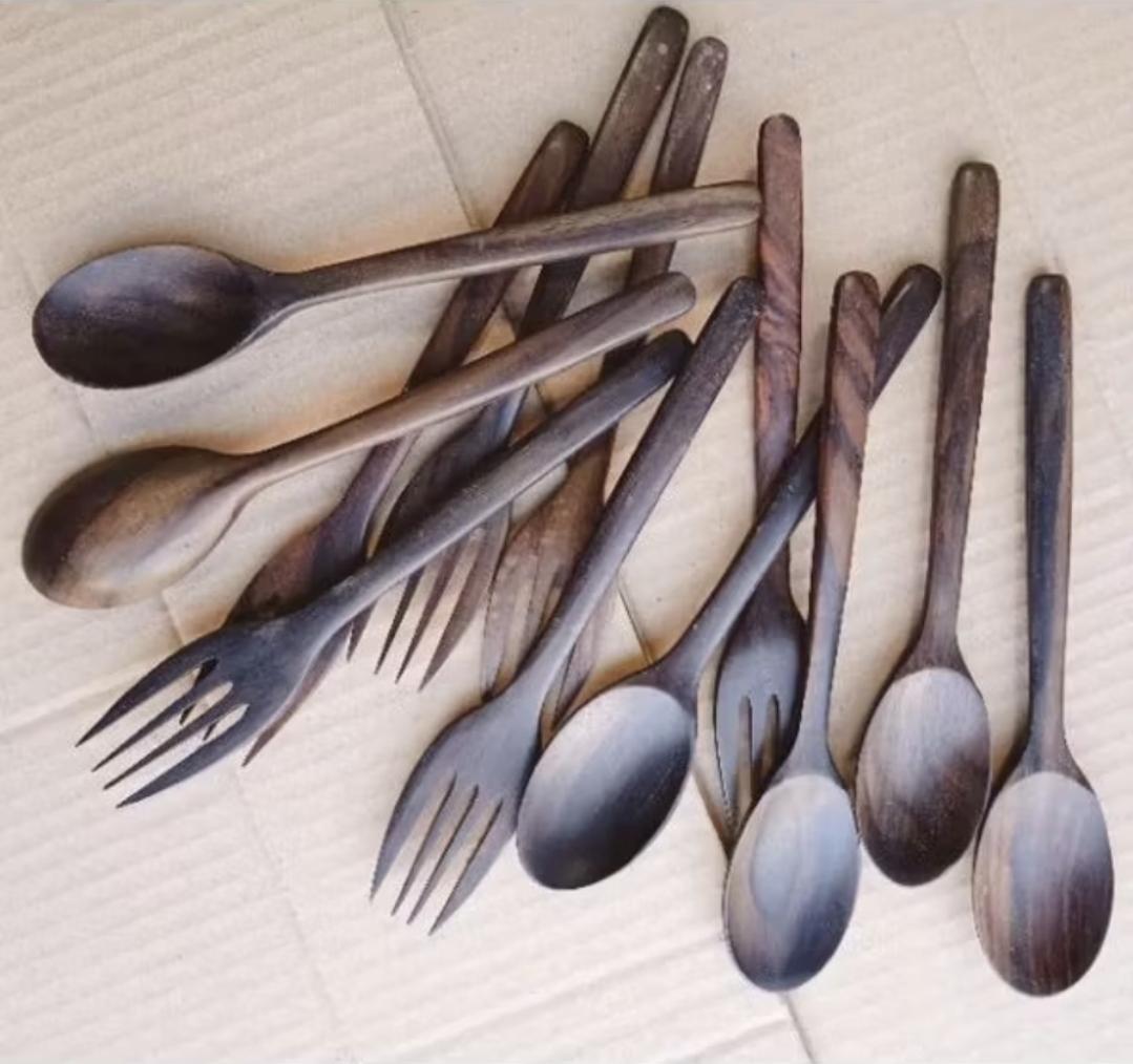 Handmade Wooden Spoon and Fork Set – Rustic Sonokeling Wood Cutlery, Eco-Friendly Utensils Bundle