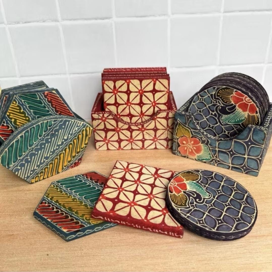 Handmade Batik Wooden Coaster Set of Six, Indonesian Rustic Decor, Ethnic Cultural Tableware Gift