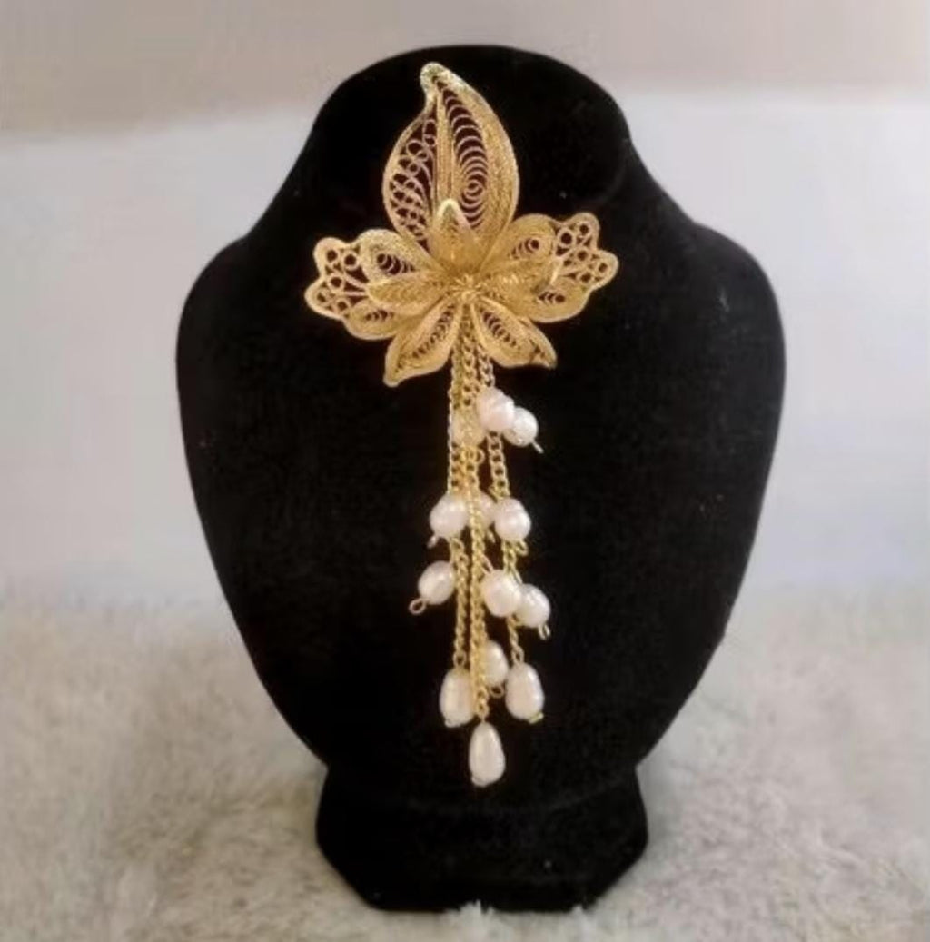 Gold Plated Filigree Brooch Pearl Tassel – Handmade Indonesian Jewelry Pin, Vintage Wedding & Cultural Gift