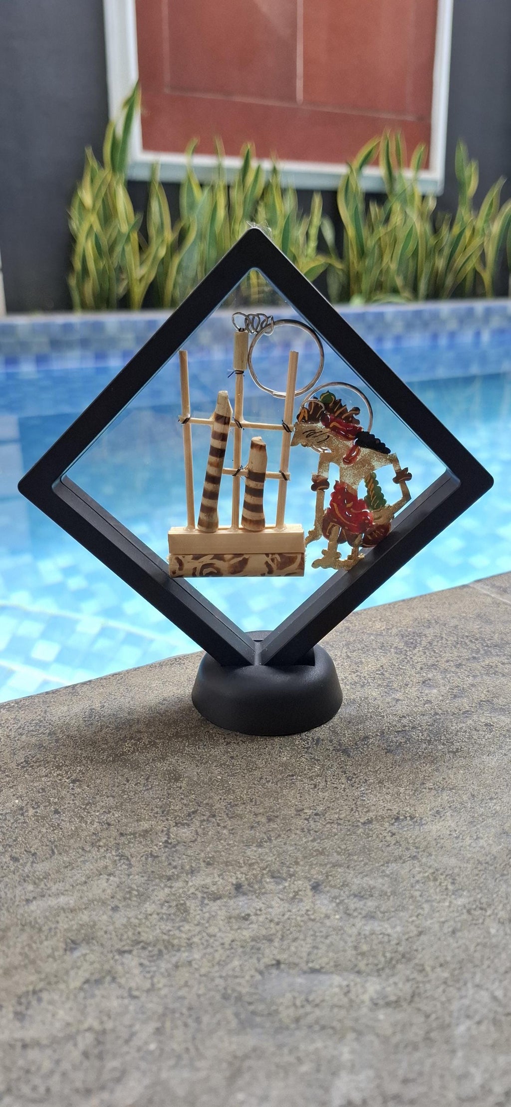 Indonesian Cultural Collectible Set – 4 Mini Keychains (Keris, Angklung, Wayang) + Display Frame, Handmade Decor Gift