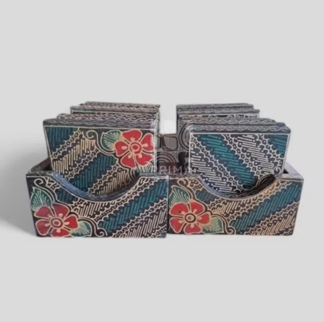 Handmade Batik Wooden Coaster Set of Six, Indonesian Rustic Decor, Ethnic Cultural Tableware Gift