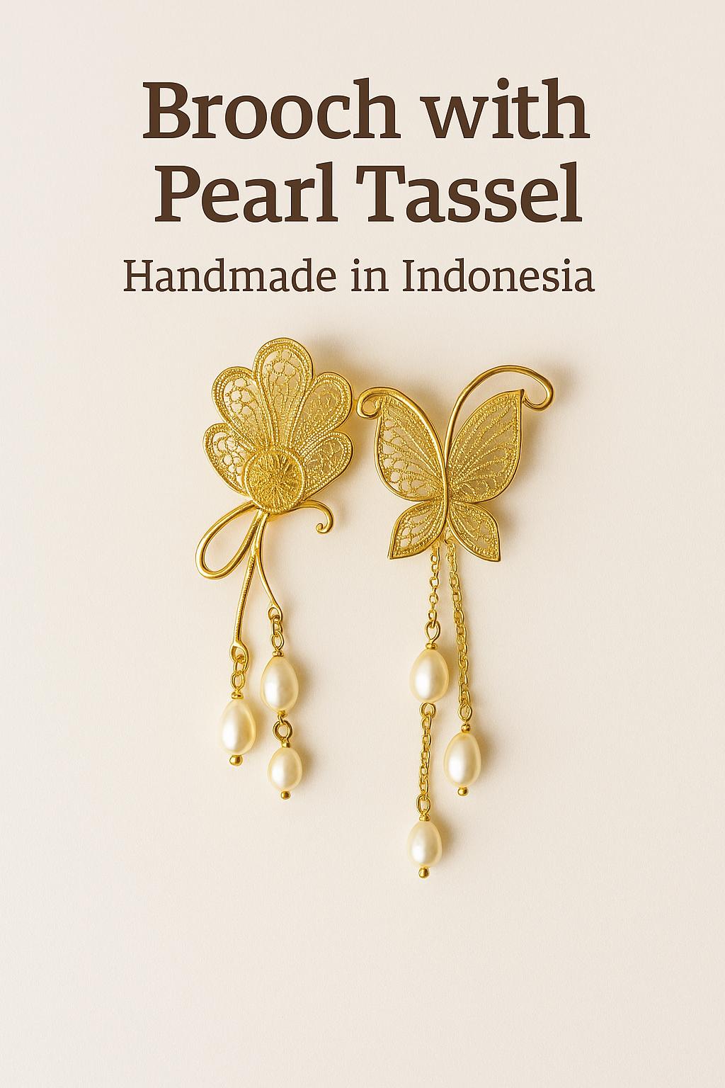 Gold Plated Filigree Brooch Pearl Tassel – Handmade Indonesian Jewelry Pin, Vintage Wedding & Cultural Gift