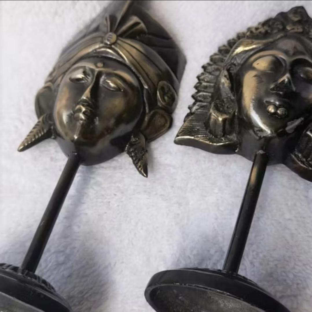 Balinese King Queen Mask Pair, Vintage Black Aluminum Sculpture, Ethnic Home Decor Statue Gift