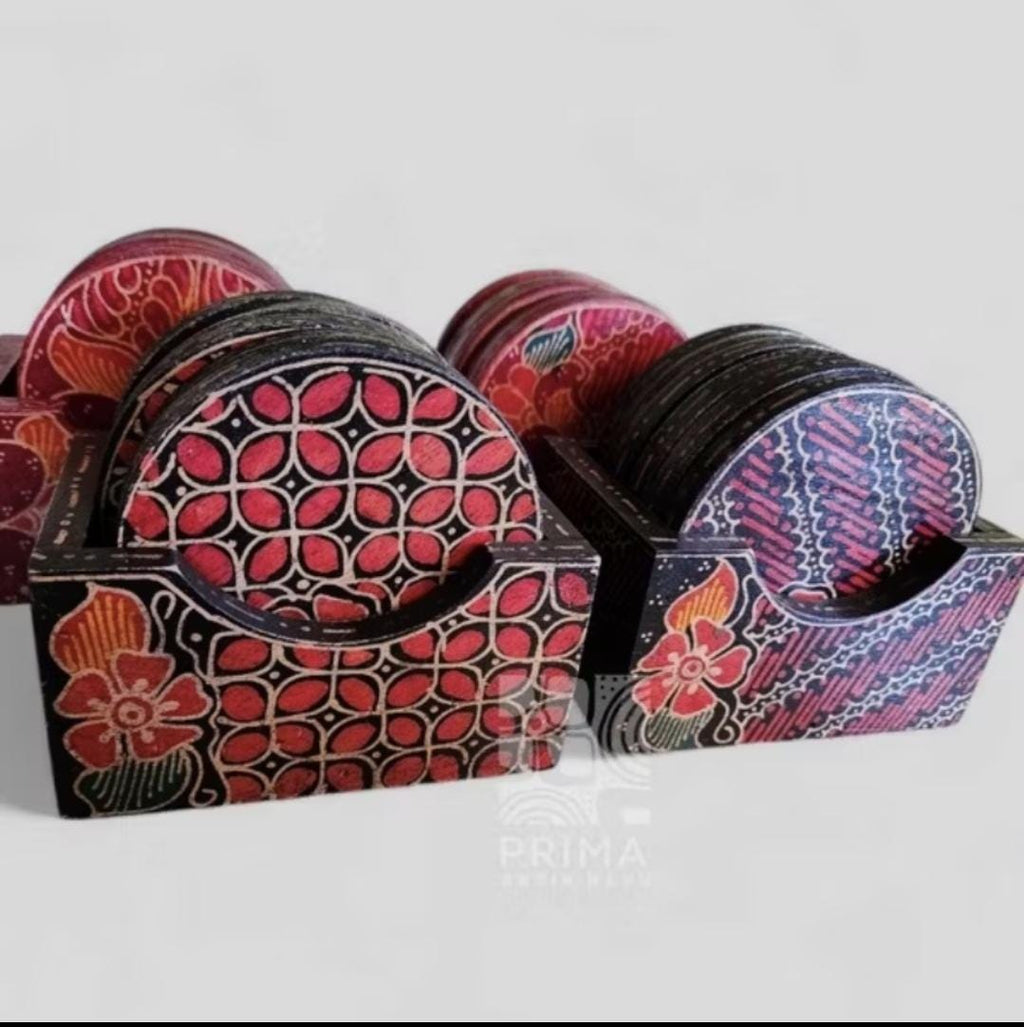 Handmade Batik Wooden Coaster Set of Six, Indonesian Rustic Decor, Ethnic Cultural Tableware Gift