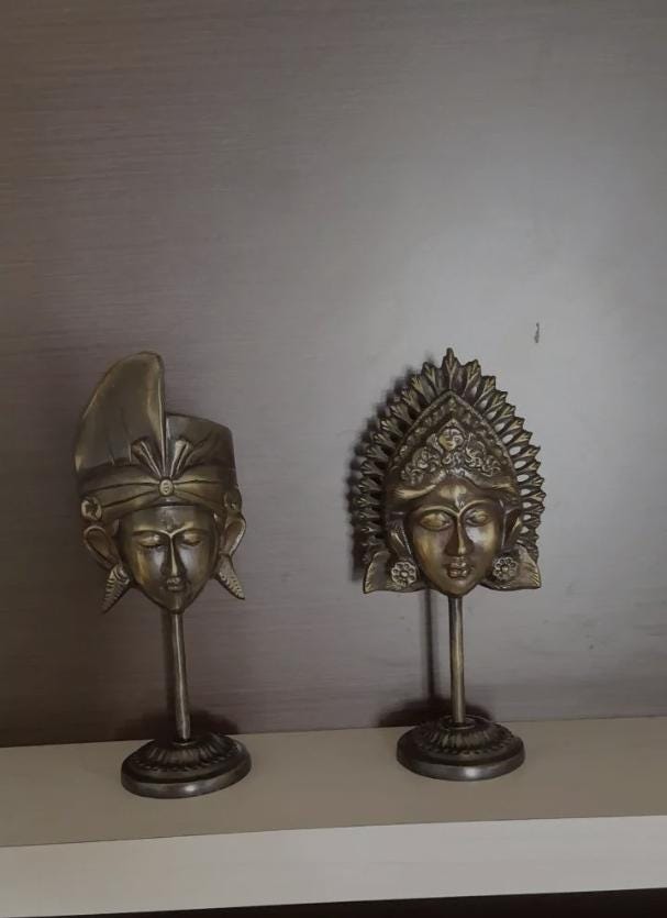 Balinese King Queen Mask Pair, Vintage Black Aluminum Sculpture, Ethnic Home Decor Statue Gift