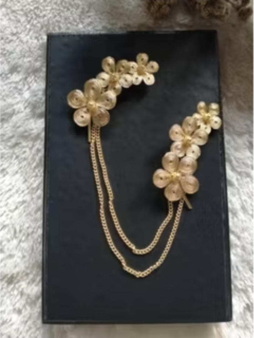 Filigree Double Chain Brooch Set Gold Plated Handmade Floral Pins Kebaya Hijab Scarf Cardigan