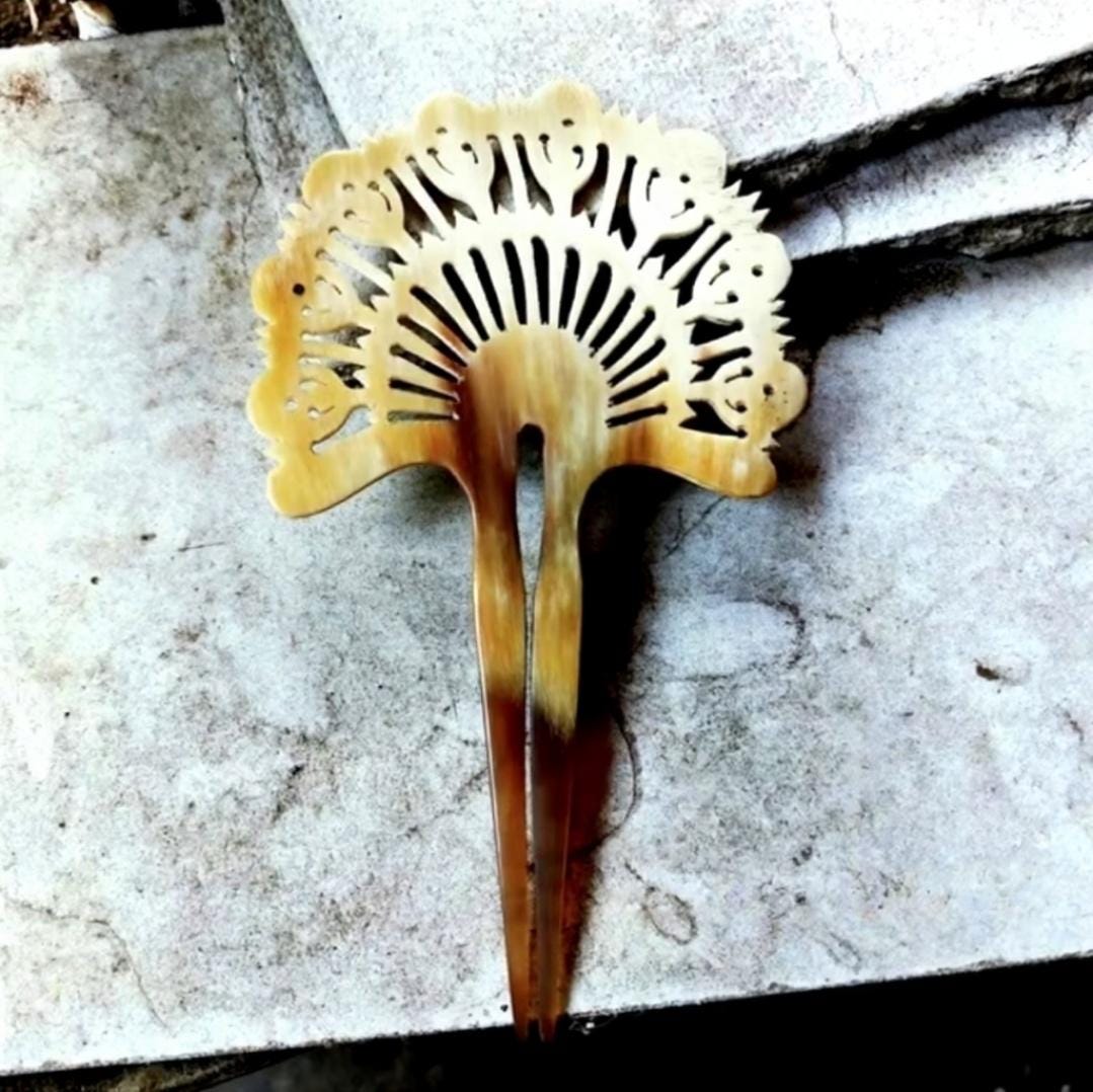 Buffalo Horn Hair Fork | Handmade Indonesian Hair Stick, Natural Gloss, Fan & Floral Motif