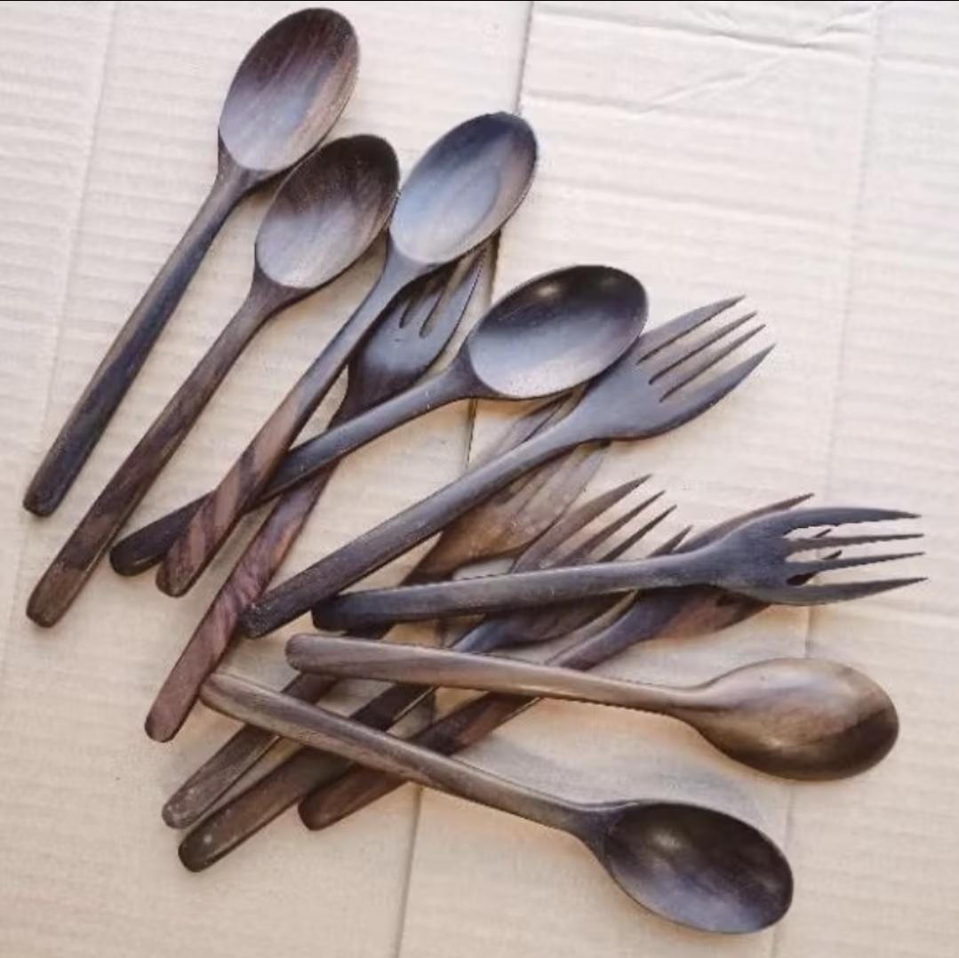 Handmade Wooden Spoon and Fork Set – Rustic Sonokeling Wood Cutlery, Eco-Friendly Utensils Bundle