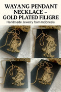 Wayang Pendant Necklace – 10cm Gold Plated Filigree Jewelry, Handmade Indonesian Statement Accessory