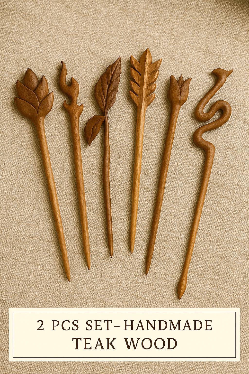 Handmade Teak Wood Hair Sticks Set | 2pcs Boho Bun Pins | Rustic Ethnic Hair Accessories