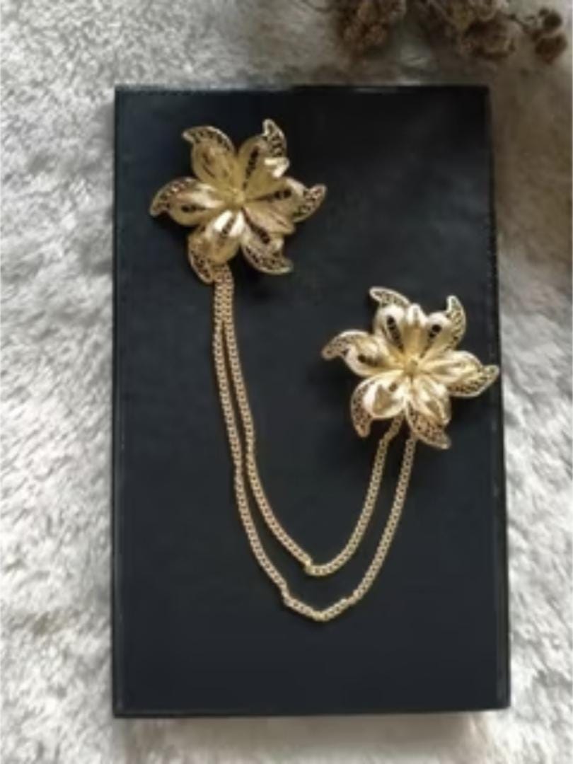 Filigree Double Chain Brooch Set Gold Plated Handmade Floral Pins Kebaya Hijab Scarf Cardigan