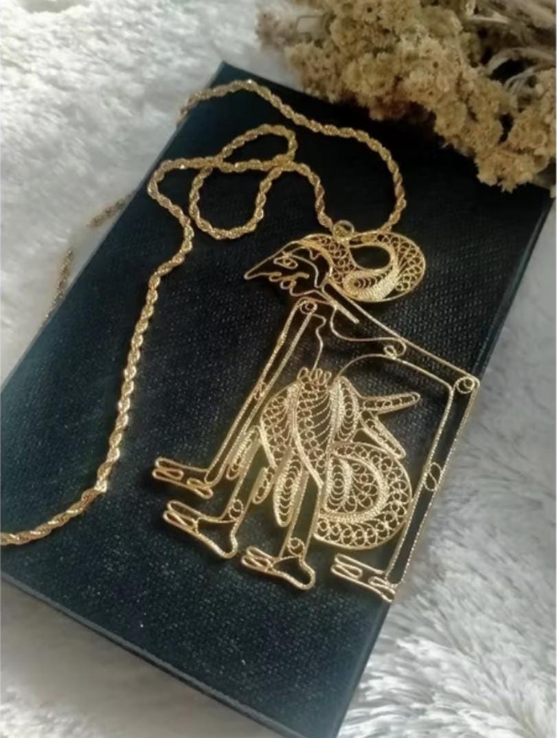 Wayang Pendant Necklace – 10cm Gold Plated Filigree Jewelry, Handmade Indonesian Statement Accessory